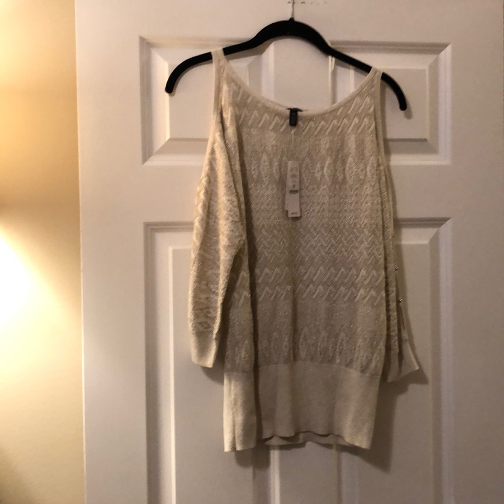 NWT Cream and Gold Shimmer Cold Shoulder Top XS